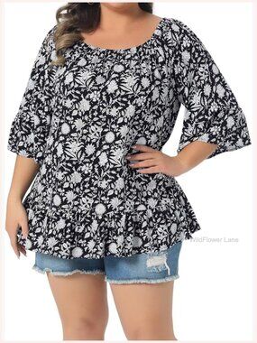 Plus Size Floral Off Shoulder Blouse Half Sleeve Summer Vacation Top